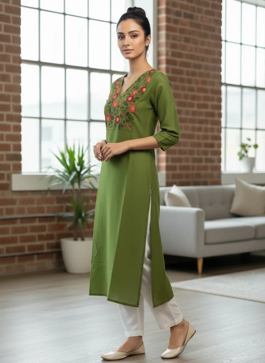 Woman in green embroidered kurta – AI-styled product photography