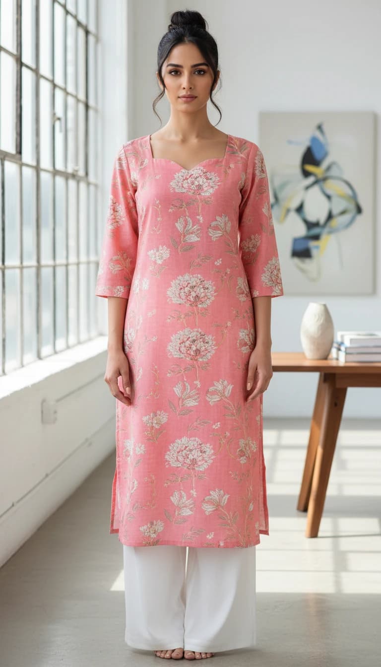 Woman in pink floral kurta – AI-styled product photography